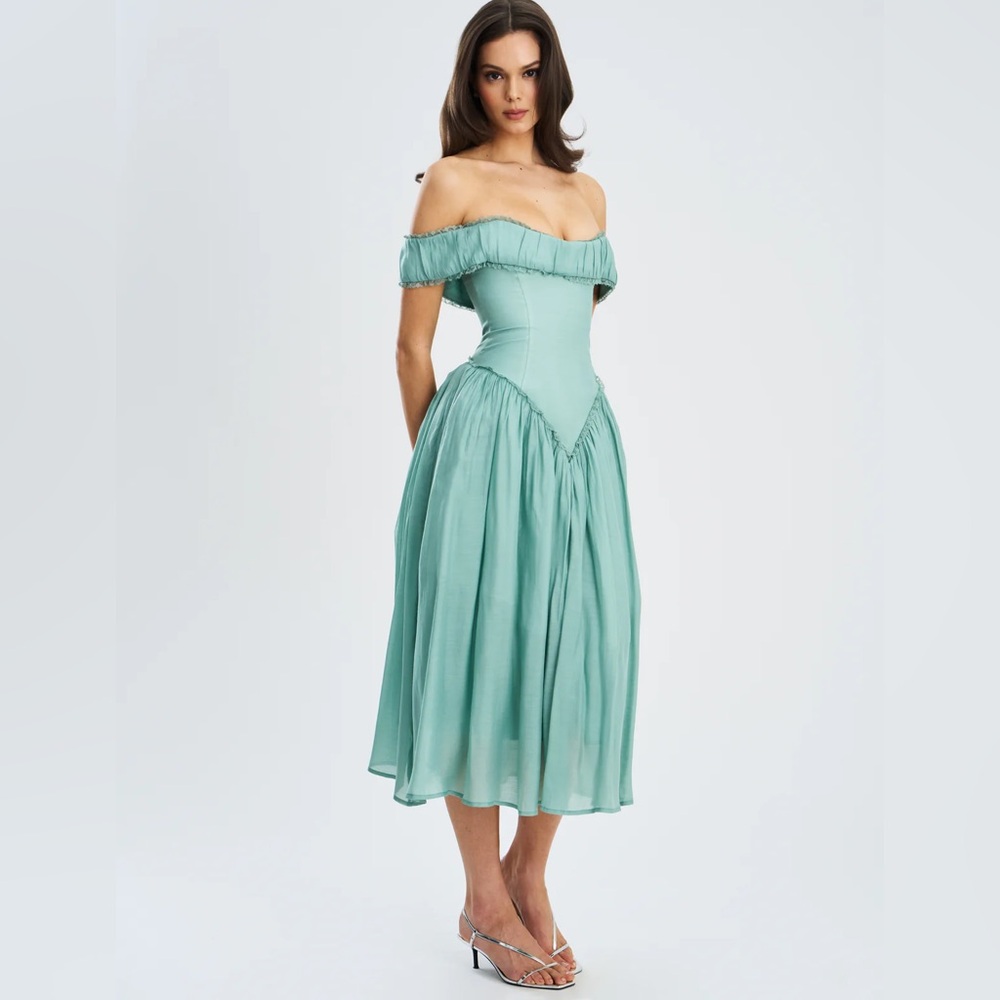Xavy Teal Green Off Shoulder Corset Midi 
dress